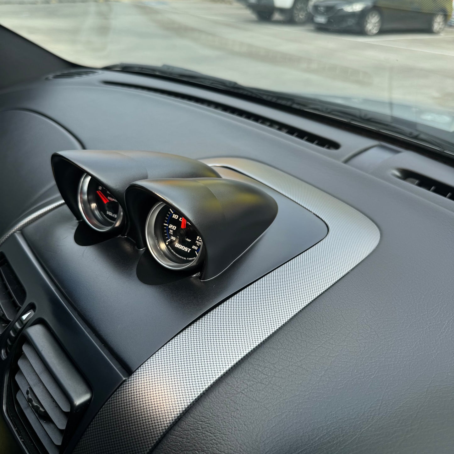 Wide interior shot showing painted VY/HSV binnacle gauge pod installed, matching OEM interior styling and trim lines.