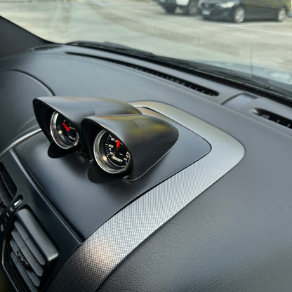 Wide interior shot showing painted VY/HSV binnacle gauge pod installed, matching OEM interior styling and trim lines.